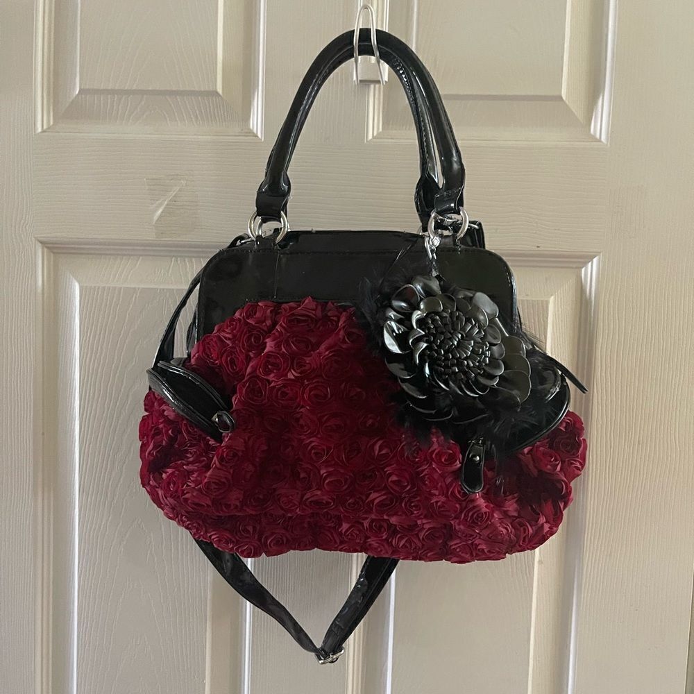 Burgundy Ribbon fabric Rosettes Satchel Black Patent faux leather trim & straps